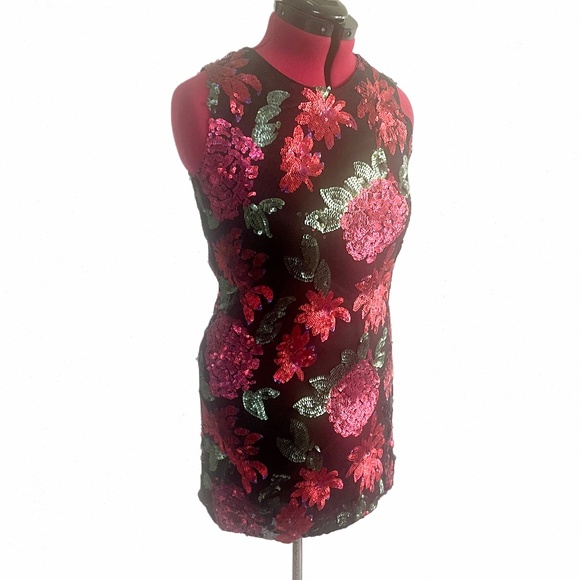 Short Floral Dress with Sequins, Size S/M, Black Dress with Red Flowers - Picture 1 of 8